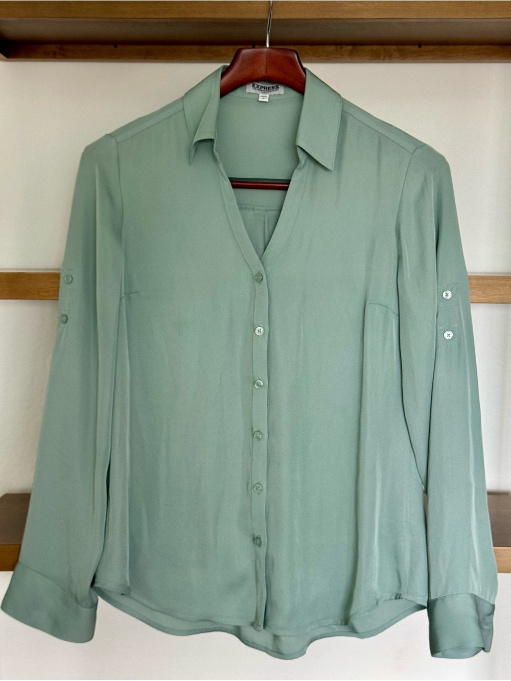 Express Sage Green Button-Front Blouse